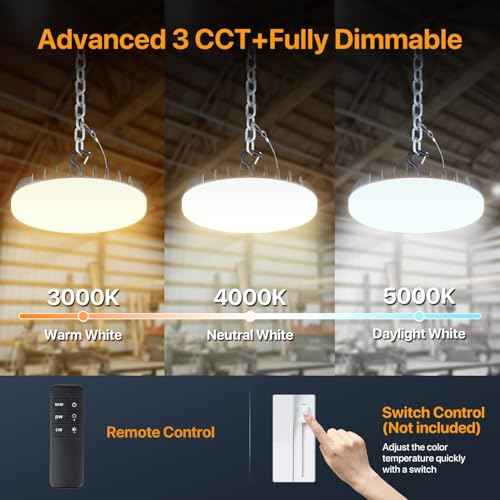 LED Shop Lights 150W - 18000LM UFO LED High Bay Light with 3 CCT Adjustable, 10%-100% Dimmable Remote Control IP65 Waterproof Garage Lighting for Workshop Warehouse Gym Basement