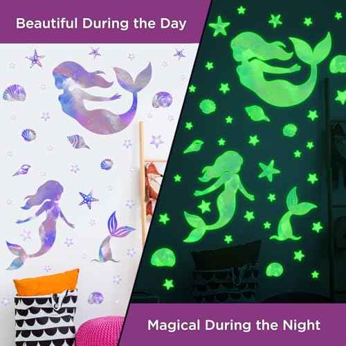 Mermaid Wall Decals Glow in The Dark Mermaid Star Decal Under The Sea Wall Stickers for Nursery Bedroom Bathroom Mirror Wall Decor
