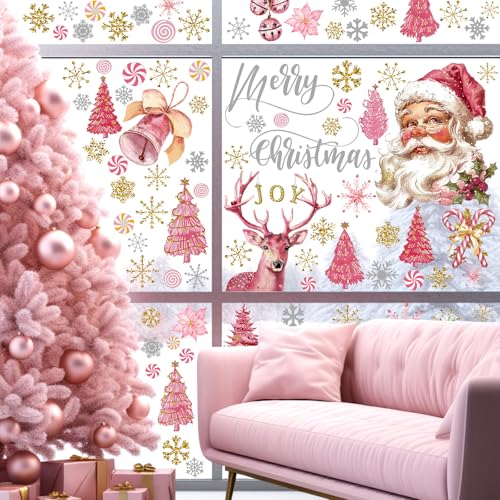 80 Pcs Pink Merry Christmas Wall Sticker Santa Claus Christmas Window Decals Xmas Snowman Poinsettia Flowers Stickers Decor, Winter Snowflakes Holiday Kitchen Party Home Decorations