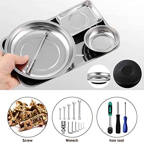 Geiserailie 4 pcs Magnetic Tray with Magnetic Pin Screw Bolt Holder Round Magnet Parts Bowl Stainless Steel Pickup Tool Tray for Mechanic's