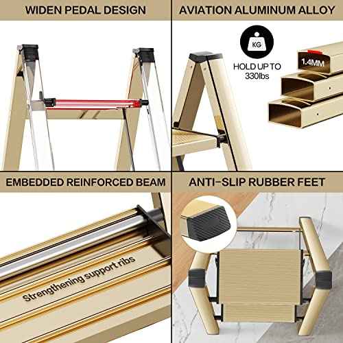GameGem 2 Step Ladder, Aluminum Folding Step Stool with Anti-Slip Sturdy and Wide Pedal, Lightweight Portable Multi-Use Stepladder for Home and Kitchen Use Space Saving, Gold, 330 lbs