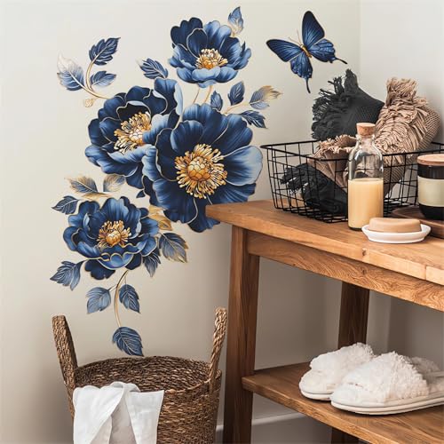 Gorgeous Blue Peony Rose Flower Wall Stickers, sacinora Butterfly Floral Art 3D Wall Decals Removable Vinyl Peel and Stick for Bedroom Study Room Bathroom Home Decorations