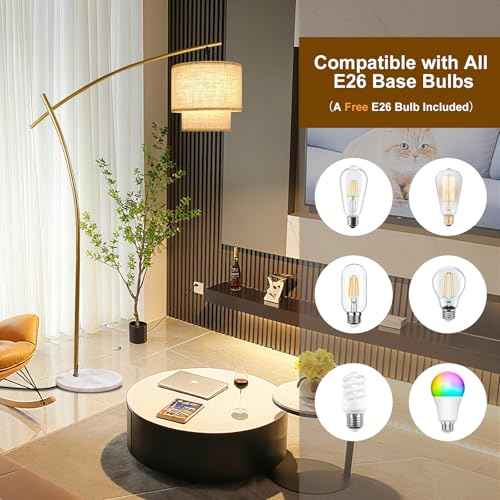 Lightdot Arc Floor Lamp for Living Room, Modern Standing Tall Lamps with Double Linen Lampshade, Tall Hanging Pole Lamp with Stable Metal Base & Foot Switch for Bedroom Home Office-Gold