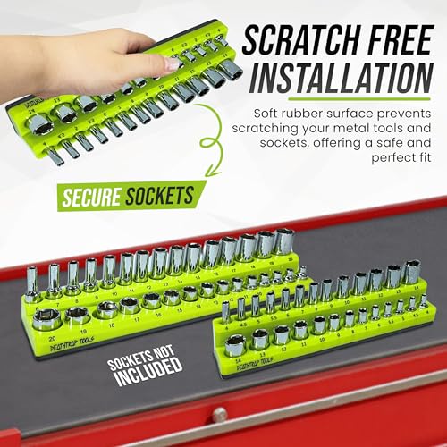 Magnetic Socket Organizer - Metric Sizing - Pack of 3 - Socket Organizers for Tool Box Drawer - 1/4, 3/8, & 1/2 Drive Socket Holders - Socket Set Organizer - Socket Tray - Tool Box Socket Organizer
