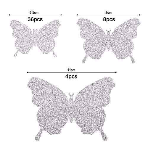 BBTO 48 Pieces Butterfly Wall Decor DIY Mirror 3D Butterfly Stickers Removable Decals for Home Bedroom School Bathroom Living Room Decor(Glitter Silver)