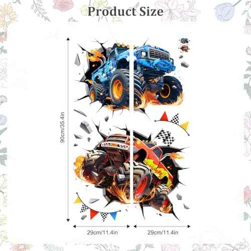 3D Crazy Racing Wall Decals, Truck Vehicles Wall Stickers Ball Games Peel and Stick Decal Self Adhesive Sticker for Boys Kids Room Home Decor