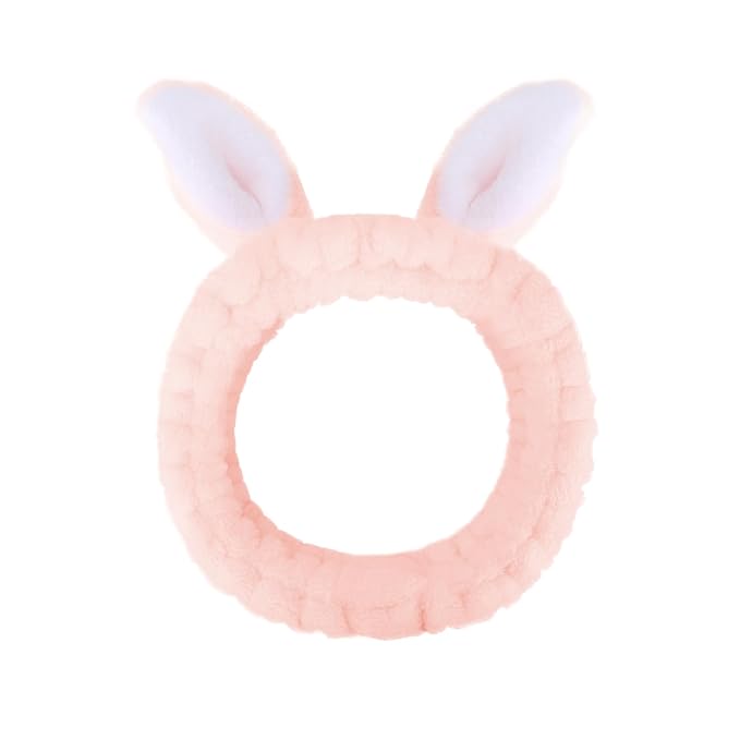 Jowmoy Cute Light Pink Rabbit Ears Headband Frog Eye Elastic to Wash Face for Women Makeup Shower Spa (1 Pack)
