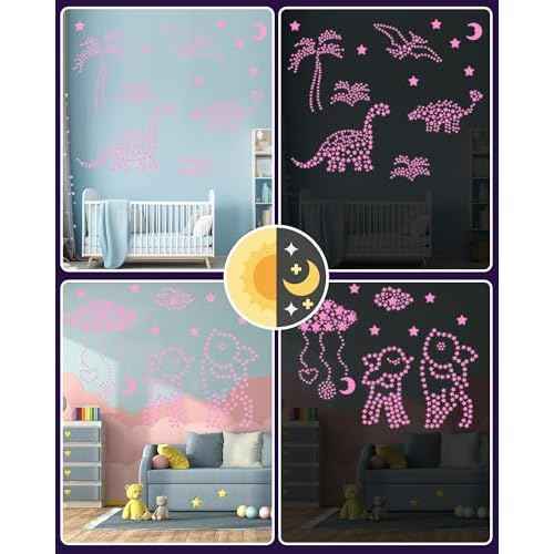 Greingways 201 Pcs Glow in The Dark Stars Stickers for Ceiling Bedroom, Stocking Stuffers for Kids Ages 3-5, 4-8, 8-12, Boys Girls Room Decor Wall Stickers Stocking Stuffers for Toddler-Pink
