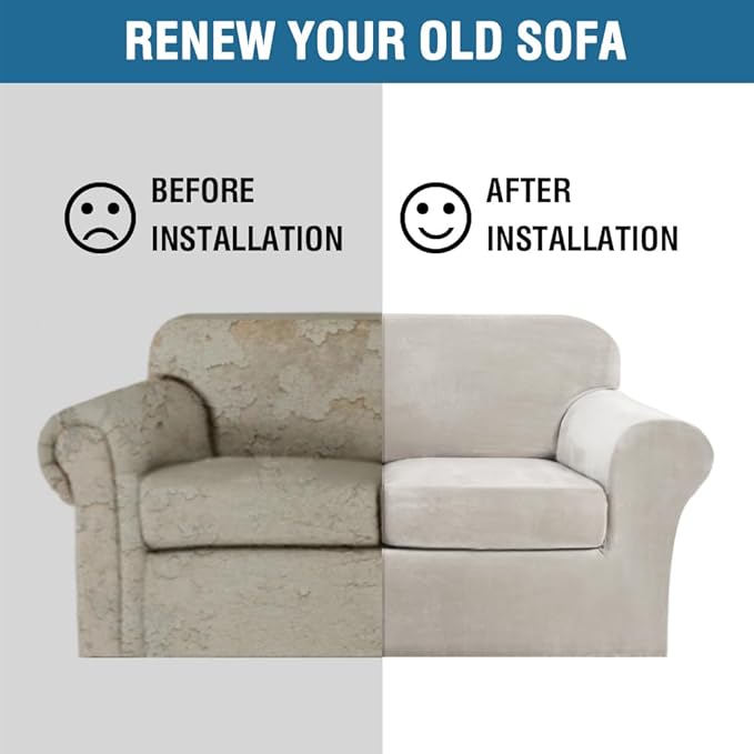 H.VERSAILTEX Real Velvet Plush 3 Piece Stretch Sofa Covers Couch Covers for 2 Cushion Couch Loveseat Covers Width Up to 72 Inch Thick Stay in Place (Medium Sofa, Oatmeal)