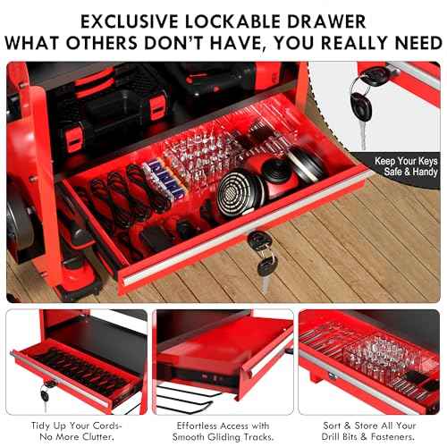 KSVO Power Tool Organizer Wall Mount with Drill Rack & Locking Drawers - Heavy Duty Metal Tool Shelf for Garage, Workshop, Shed, Basement Tool Organization - Gift for Men/Father (Red)