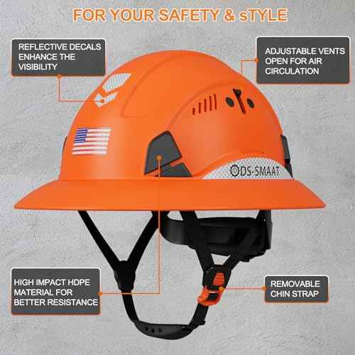 Construction Wide Brim Hard Hat,Full Brim Hard Hat ANSI Z89.1 Type 1 & OSHA Certified Safety Helmet with Glasses, with 6-Point Suspension & 4 Ventilation Ports