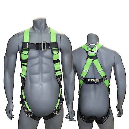 AFP Universal Full-Body Safety Harness w/Dorsal D-Ring Tongue Buckle Legs High-Viz Green, Shock Absorbing Lanyard (OSHA/ANSI)