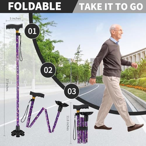 Walking Cane ATMTV Cane for Woman | Mobility & Daily Living Aids | 5-Level Height Adjustable Walking Stick | Comfortable Plastic T-Handle Portable Folding Cane with Replace Tip Purple Flower