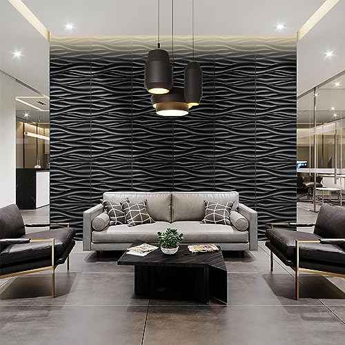 STICKGOO Black 3D Wall Panels, Wave Design Textured PVC Wall Panels, 19.7''x19.7'' Modern Accent Wall Panels for Interior Wall Decor Bedroom Office Living Room