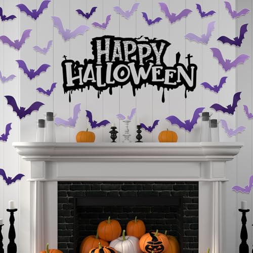 128Pcs Halloween 3D Bats Wall Stickers Gradient Purple Bats Waterproof Decals Halloween Wall Decorations with Glue Points for Home Window Party Supplies