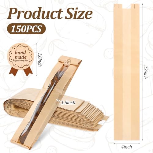 150 Pack Baguette Bags with Clear Front Window and 150 Seal Stickers, 23x4x1.6 Inch Paper Bread Bags for Homemade Sourdough, Bakery Storage and Party Packaging