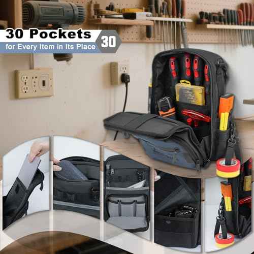MELOTOUGH Small Tool Backpack for Men 30 Multi-Storage Pockets Heavy Duty Tool Bag Backpack with Dual-Form Shoulder Strap for Electrician, HVAC, Technician - Water Resistant (Grey)