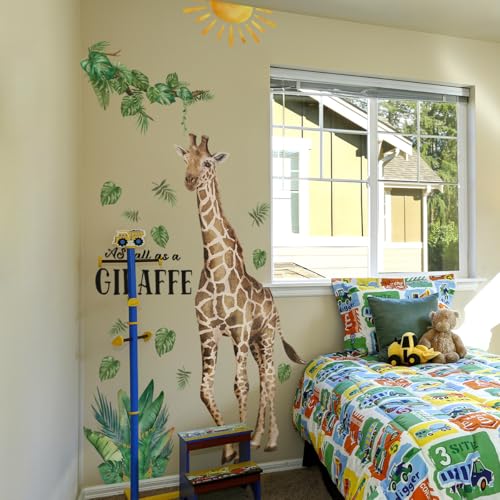 Large Giraffe Wall Decals Boho Sun Tropical Green Leaves As Tall As a Giraffe Wall Stickers for Boys Bedroom Toddler Room Nursery Daycare Classroom Wall Decor