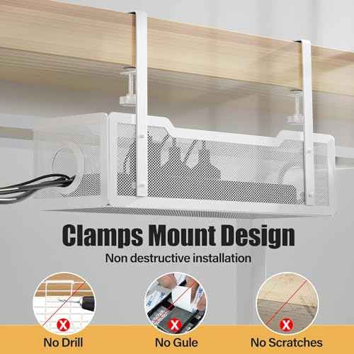 4 Pack Under Desk Cable Management Box White, Cinati 53.6" Wire Organizers No Drill, Cord Organization Tray with Clamp for Office, Home - No Damage to Desk