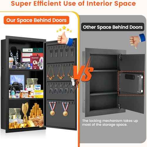 25.6" Tall Wall Safes Between the Studs with 2 Removable Shelf, Lockable Hidden Safe Box with 40 Hooks for Keys Jewellery, In Wall Safe for Money Medicines Valuables