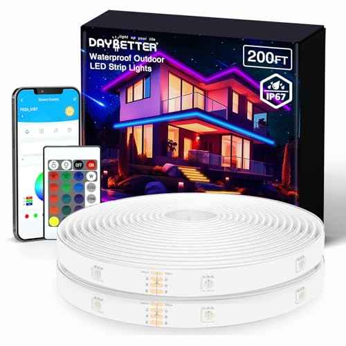 Outdoor LED Strip Lights Waterproof, 200ft IP67 Waterproof LED Light Strips with Remote, App Control, Music Sync RGB Exterior LED Rope Lights for Eaves, Roof, Balcony, Deck, Pool, Outdoor Decorations