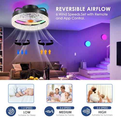 13in Flush Mount Ceiling Fan with RGB Light - Small Bladeless Ceiling Fan Light with Reversible Mute Motor, LED Dimmable, Low Profile Enclosed Ceiling Fans for Modern Indoor