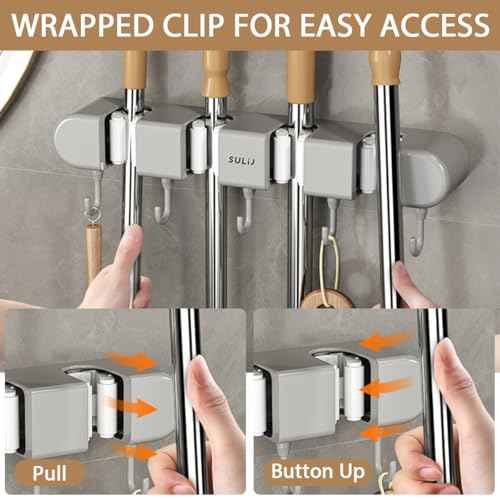 5PCS 4 Racks and 5 Hook Broom Mop Holder with Hooks Wall Mounted Broom Storage Rack No Drilling Self-Adhesive Mop Broom Organizer Mop Holder Hanger for Bathroom Office Kitchen Closet Garage