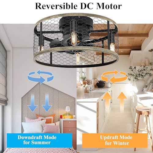 Ohniyou Caged Ceiling Fan with Light - 18'' Small Farmhouse Cage Ceiling Fan Remote Control, Flush Mount Rustic Ceiling Fan for Kitchen Bedroom