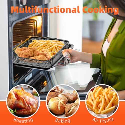 Air Fryer Basket, 2 Set Oven Air Fryer Basket and Tray with 60 PCS Parchment Papers, DEGOVIN Crisper Tray Non-stick Stainless Steel Air Fry Pans for Convection Oven(15.8" ¡¿ 11" & 13" ¡¿ 9.7"-Black)