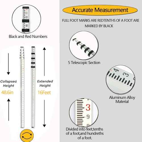 Grade Rod£¬16-Foot Aluminum Grade Rod - 10ths£¬Grade Stick,Grade Stick for Laser Level£¬Survey Rod£¬Grade Rods£¬Survey Pole£¬With Bubble Level, 5-Stage Telescopic£¬Double-Sided Scale Telescopic Leveling Rod