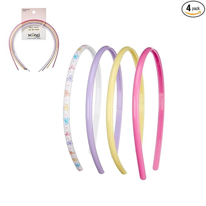 CONAIR Scunci Effortless Beauty Skinny headband -plastic Headbands for Women - hair accessories for women - trendy girl gifts - Assorted Pastel - 4 Count