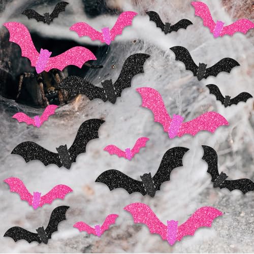 18 Pieces Halloween Bats Wall Decor, 3 Sizes 3D Glitter Pink Black Bats Stickers for Halloween Party Home Kitchen Bedroom Bathroom Decorations