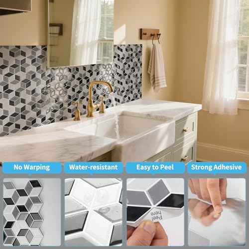 Art3d 10-Sheet Peel and Stick Backsplash Tiles, 12x12 Inch Self-Adhesive 3D Wall Tiles for Kitchen, Bathroom, Countertop - Thickened Waterproof Design (White & Black)