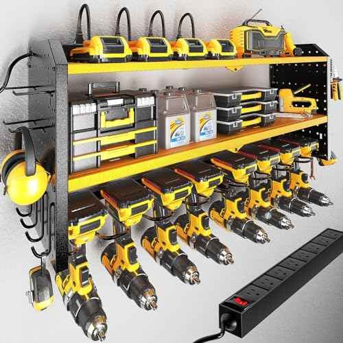 KAFAHOM Power Tool Organizer with Charging Station, Built in 8 Outlet Power Strip,Large 8 Drill Holder Wall Mount, Heavy Duty Metal Power Tool Storage Rack Tool Shelf for Garage Organization Black