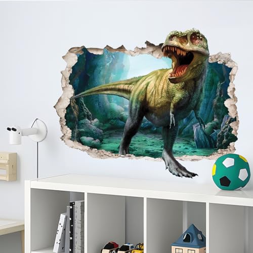 Supzone Large 3D Broken Dinosaur Wall Decals for Boys Room, Break Through The Wall Vinyl Wall Sticker for for Kids Bedroom Nursery Playroom Classroom