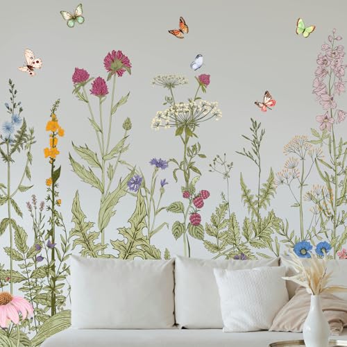 Poppy Flower Wall Stickers Bird Butterfly Wall Decor Decals Peel and Stick Floral Wall Home Glass Window Art Decor for Bedroom Living Room Offices Home Decoration