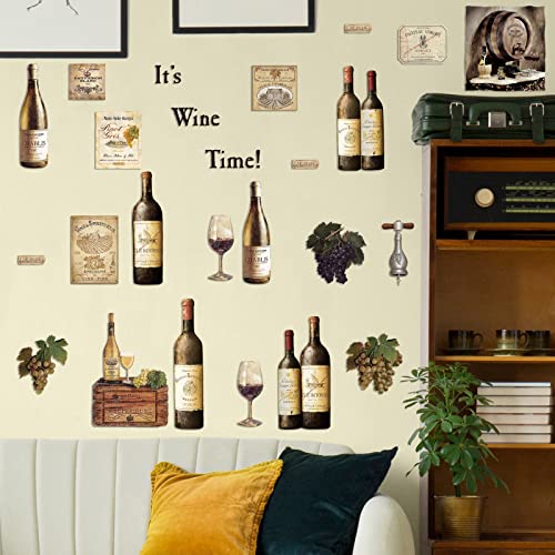 8 Sheets Wine Bottle Kitchen Wall Decals Grape Fruit Wall Stickers Kitchen Decor Wine Tasting Stickers Peel and Murals for Dining Living Room Bar Restaurant