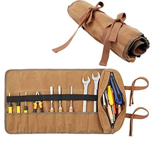 10 Pockets Tool Roll Up Organizer Bag, Heavy Duty 16oz Waxed Canvas Wrench Roll Up Bag with 2 Wrap Straps, Multi-Purpose Tool Pouch for Metric, SAE (Khaki)