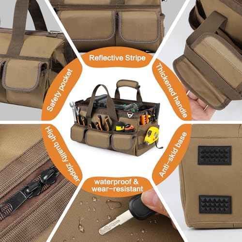 Smart Elf 15-Inch Tool Bag, 20-Pocket Portable Heavy-Duty Tool Bag with Adjustable Shoulder Strap and Ergonomic Handle, Thickened Version - The Most Practical Gifts for Men (Khaki)