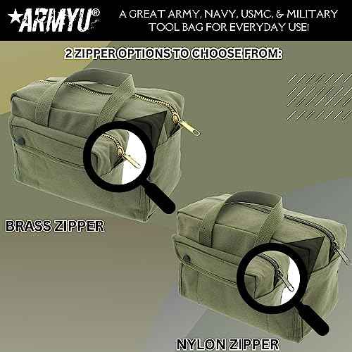 ARMYU Heavy Duty Small Tool Bag Tactical Cotton Canvas Mechanics Bag, 11" x 7" x 6", Olive - Brass Zipper