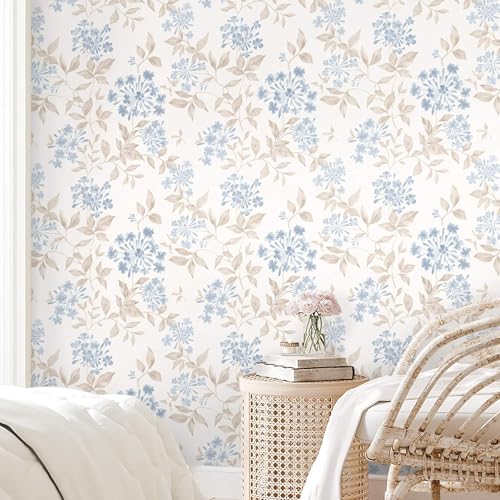 Heroad Boho Floral Wallpaper Blue/Beige Peel and Stick Wallpaper Neutral Leaf Contact Paper Removable Self Adhesive Wall Paper for Cabinet Bedroom Bathroom Waterproof Decor Vinyl Roll 17.3''x78.7''