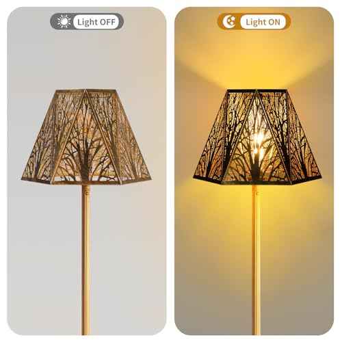Etched Metal Lampshade, Hexagonal Lamp Shade with Antique Bronze Exterior&Gold-plated Interior, 7" Top x 13.8" Bottom x 9.5" Height, Spider Fitter