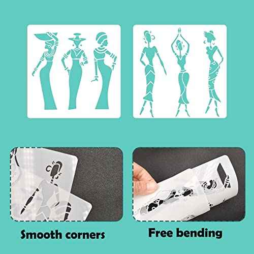 2 Pack Tribal Stencils African Lady Stencils Reuseable Stencil Templates for Painting on Paper,Wood,Tile,Canvas,Floor and Wall Decor