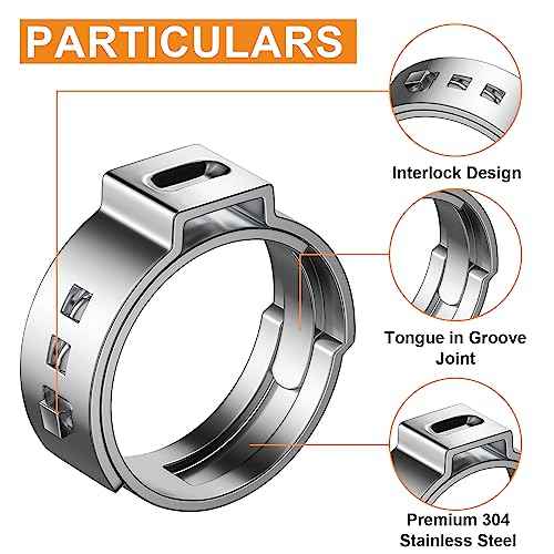 50 PCS 1/2 Inch PEX Cinch Clamp Rings, 304 Stainless Steel Single Ear Hose Clamps for Plumbing and Pipe Fitting Connections, PEX tubing Pipe Fitting by RTHIEAI