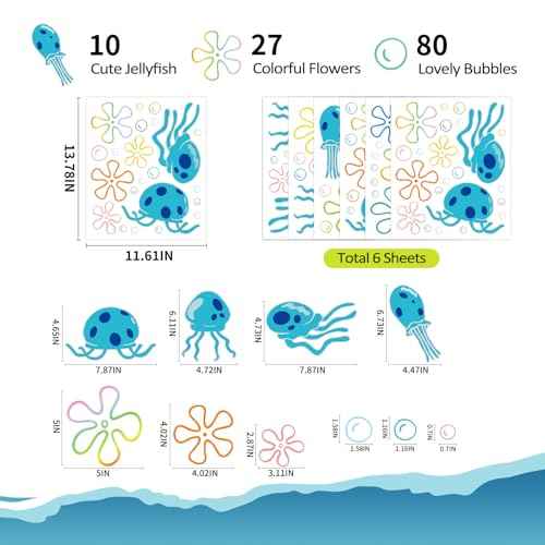 117 PCS Jellyfish Bubbles Wall Stickers Under The Sea Birthday Party Decorations Ocean Wall Decals Summer Party Supplies Wall Decor for Bathroom Nursery Bedroom Home School Car