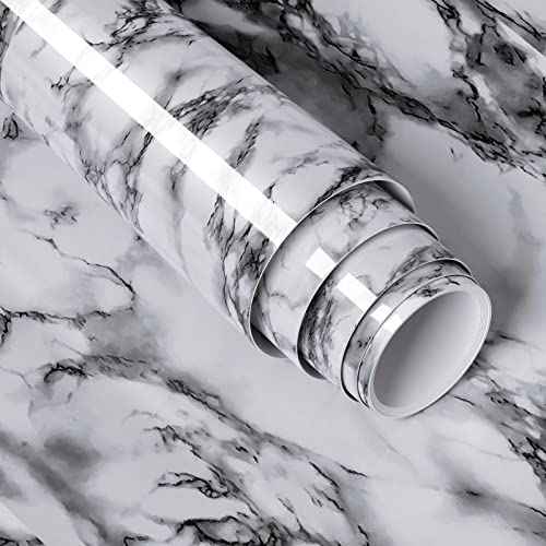 White Black Marble Wallpaper Peel and Stick 15.8'' x78.7'' Marble Contact Paper Countertop Peel and Stick Waterproof Self Adhesive Removable Wall Paper Cabinet Covering for Kitchen Home D?cor