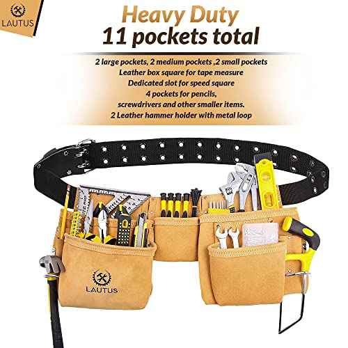LAUTUS Suede Tool Belt/Pouch/Bag/Work Apron | Carpenter, Construction, Framers, Electrician |11 Pockets | Adjustable Double Pronged Belt | 2 Hammer Loops|