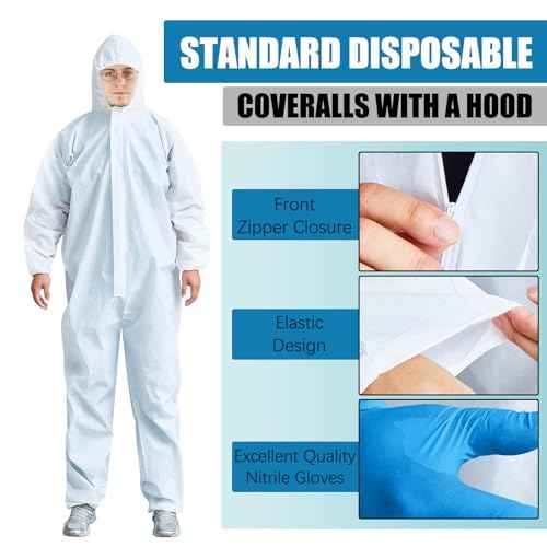 TrelaCo 5 Sets Hazmat Suit Disposable Protective Coveralls Full Body Paint Suit with Hood Shoe Cover and Glove Breathable Coverall (L,White)