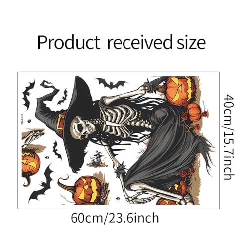 Horror Halloween Witch Skeleton Wall Decals,Removable Skull Wall Stickers with Bats & Pumpkins for Halloween Party Home Classroom Bar Decor (15.7x23.6 Inch)