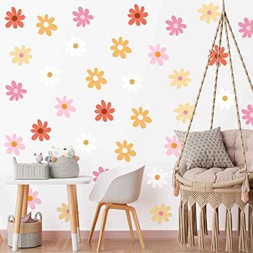 BBTO Daisy Wall Decal Flower Vinyl Wall Floral Decals Peel and Stick Daisy Stickers for Kids Nursery Art Bedroom Living Room(Pink, White, Orange)